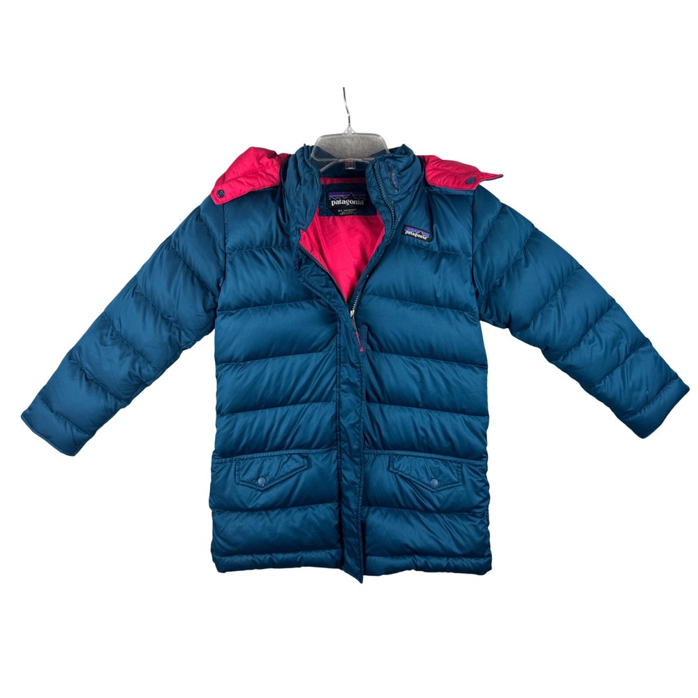 Patagonia Kids M 10 Blue Down Insulated Parka Puffer Jacket Removable Hood
